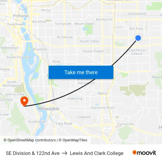 SE Division & 122nd Ave to Lewis And Clark College map