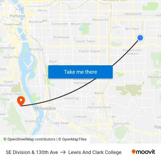 SE Division & 130th Ave to Lewis And Clark College map