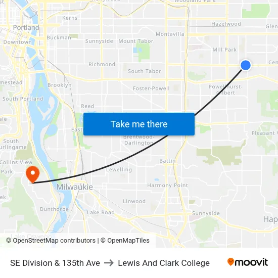 SE Division & 135th Ave to Lewis And Clark College map