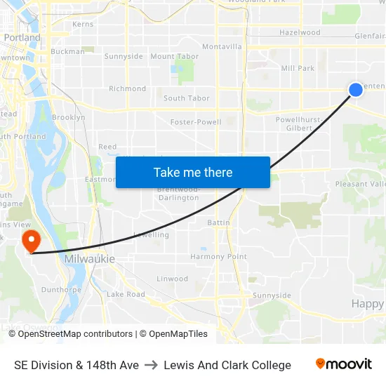 SE Division & 148th Ave to Lewis And Clark College map