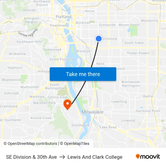 SE Division & 30th Ave to Lewis And Clark College map