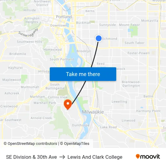 SE Division & 30th Ave to Lewis And Clark College map
