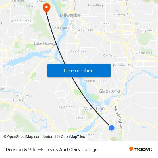 Division & 9th to Lewis And Clark College map