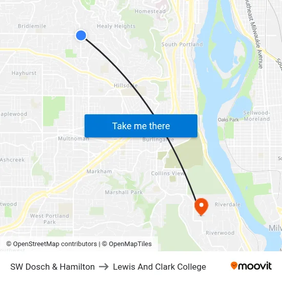 SW Dosch & Hamilton to Lewis And Clark College map