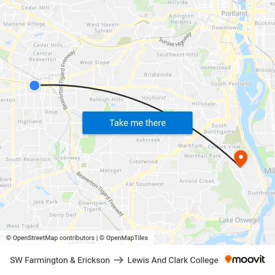SW Farmington & Erickson to Lewis And Clark College map