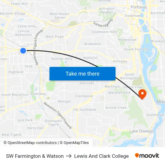 SW Farmington & Watson to Lewis And Clark College map