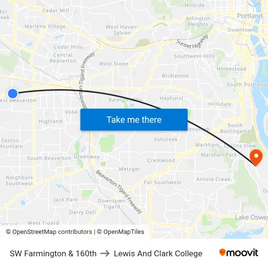 SW Farmington & 160th to Lewis And Clark College map