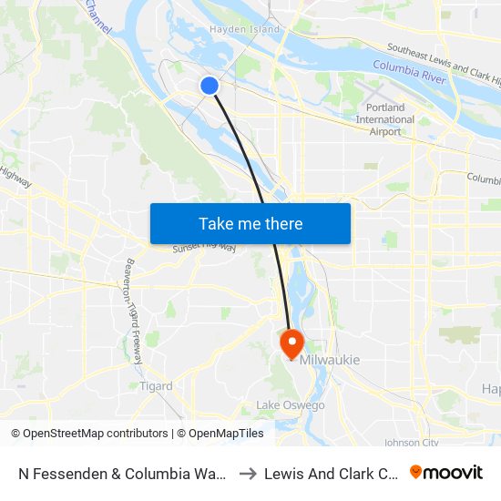 N Fessenden & Columbia Way (West) to Lewis And Clark College map