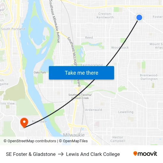 SE Foster & Gladstone to Lewis And Clark College map