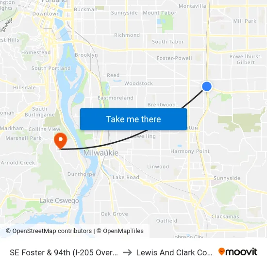 SE Foster & 94th (I-205 Overpass) to Lewis And Clark College map
