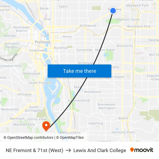 NE Fremont & 71st (West) to Lewis And Clark College map