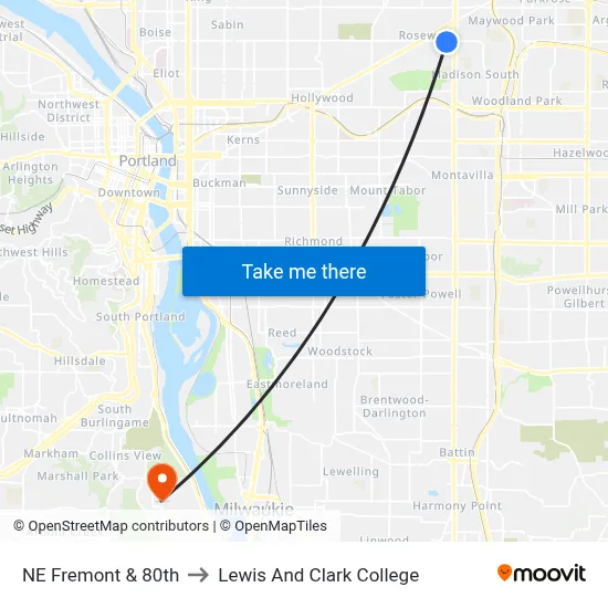 NE Fremont & 80th to Lewis And Clark College map