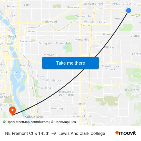 NE Fremont Ct & 145th to Lewis And Clark College map
