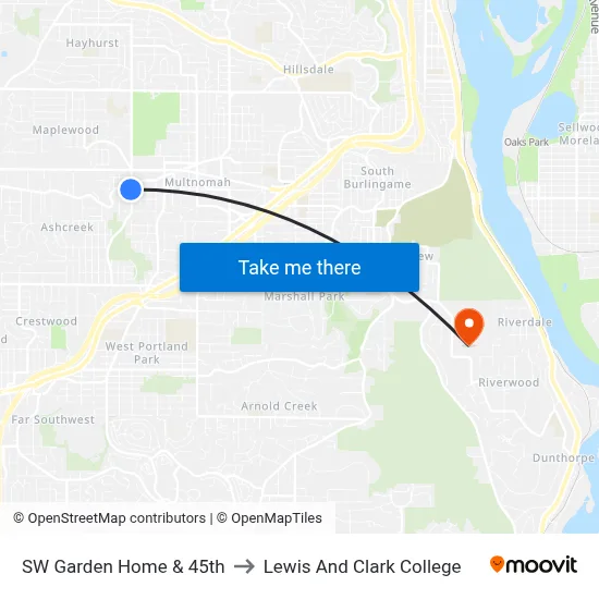 SW Garden Home & 45th to Lewis And Clark College map