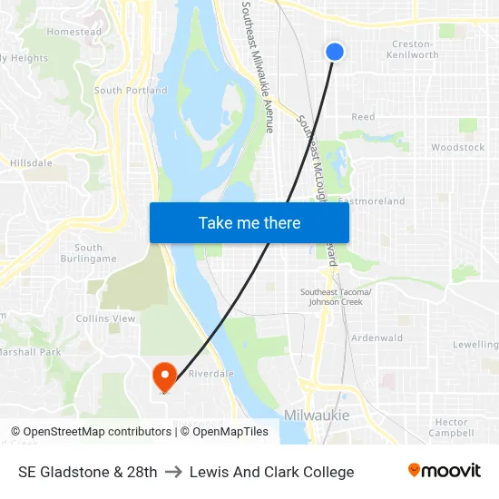 SE Gladstone & 28th to Lewis And Clark College map