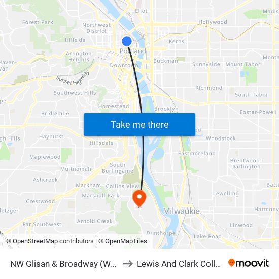 NW Glisan & Broadway (West) to Lewis And Clark College map