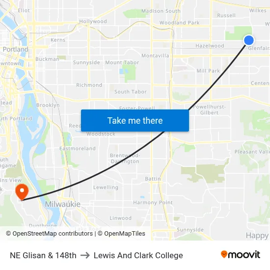 NE Glisan & 148th to Lewis And Clark College map
