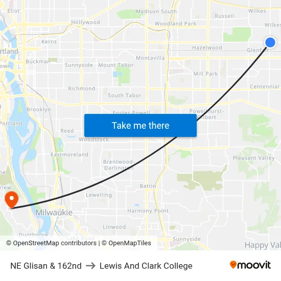 NE Glisan & 162nd to Lewis And Clark College map