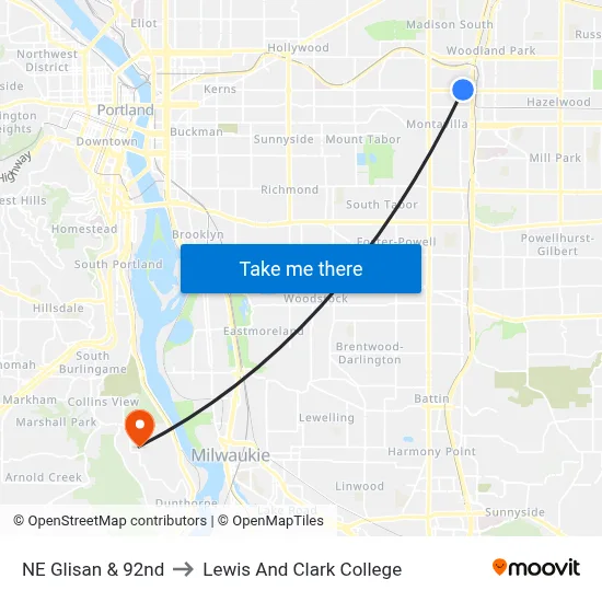 NE Glisan & 92nd to Lewis And Clark College map