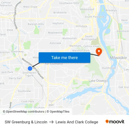 SW Greenburg & Lincoln to Lewis And Clark College map