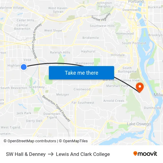 SW Hall & Denney to Lewis And Clark College map