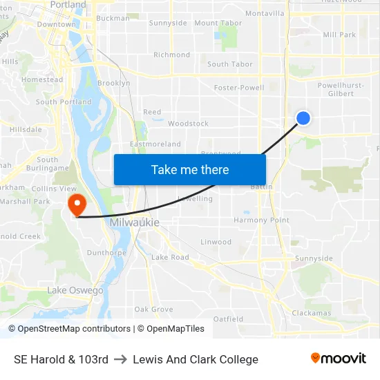 SE Harold & 103rd to Lewis And Clark College map