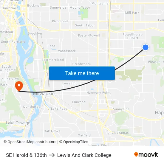 SE Harold & 136th to Lewis And Clark College map
