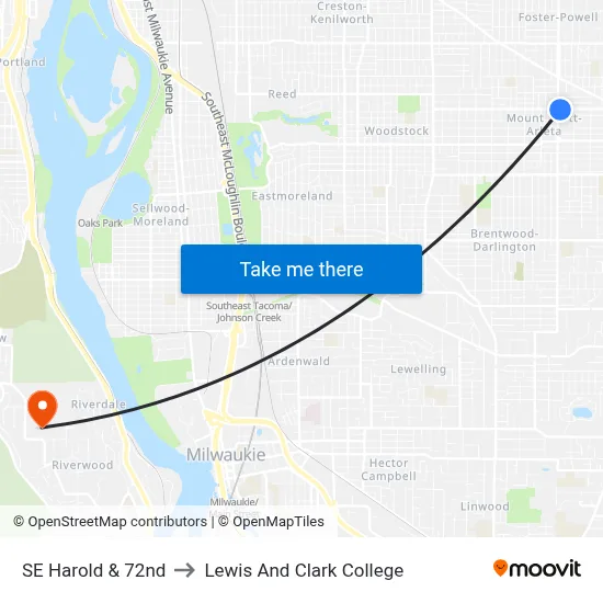 SE Harold & 72nd to Lewis And Clark College map