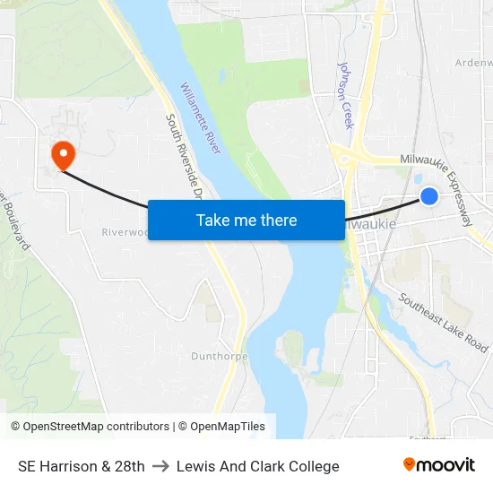 SE Harrison & 28th to Lewis And Clark College map