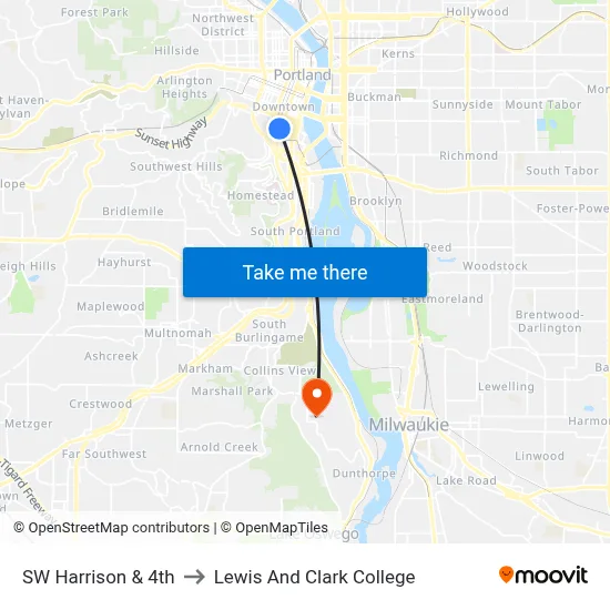 SW Harrison & 4th to Lewis And Clark College map