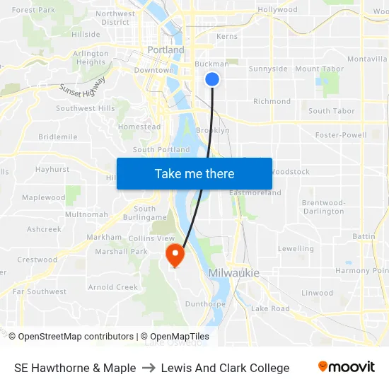 SE Hawthorne & Maple to Lewis And Clark College map