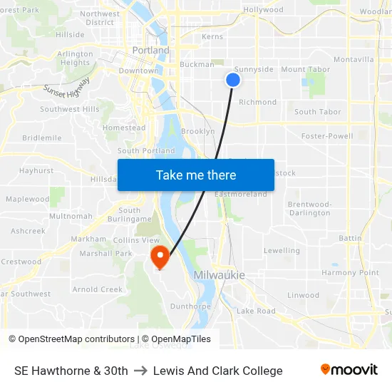 SE Hawthorne & 30th to Lewis And Clark College map