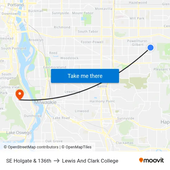 SE Holgate & 136th to Lewis And Clark College map