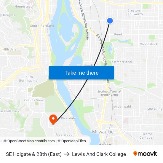 SE Holgate & 28th (East) to Lewis And Clark College map