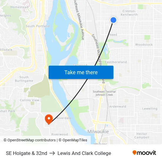 SE Holgate & 32nd to Lewis And Clark College map