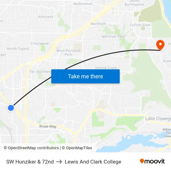 SW Hunziker & 72nd to Lewis And Clark College map