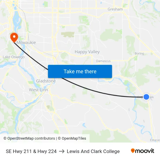 SE Hwy 211 & Hwy 224 to Lewis And Clark College map
