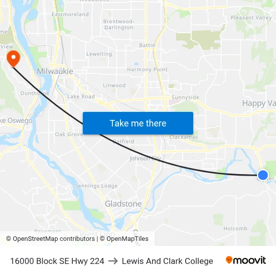 16000 Block SE Hwy 224 to Lewis And Clark College map