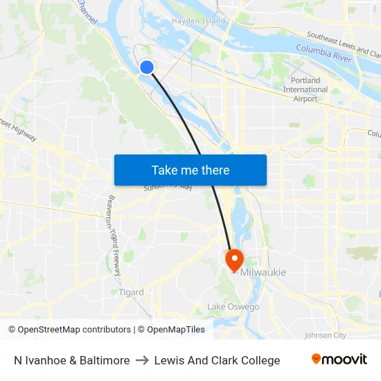 N Ivanhoe & Baltimore to Lewis And Clark College map