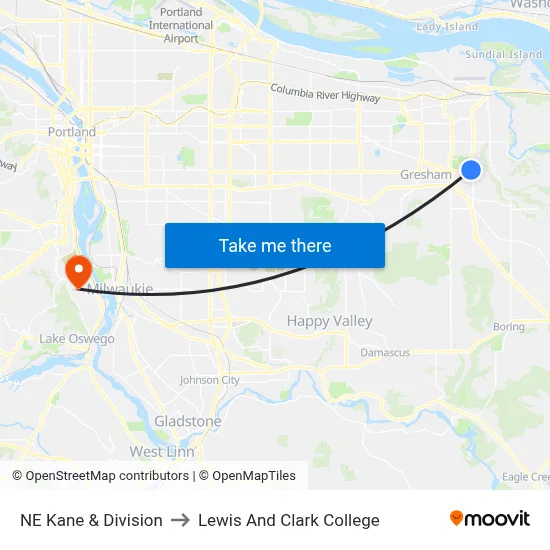 NE Kane & Division to Lewis And Clark College map