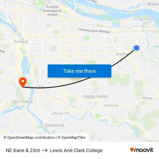 NE Kane & 23rd to Lewis And Clark College map