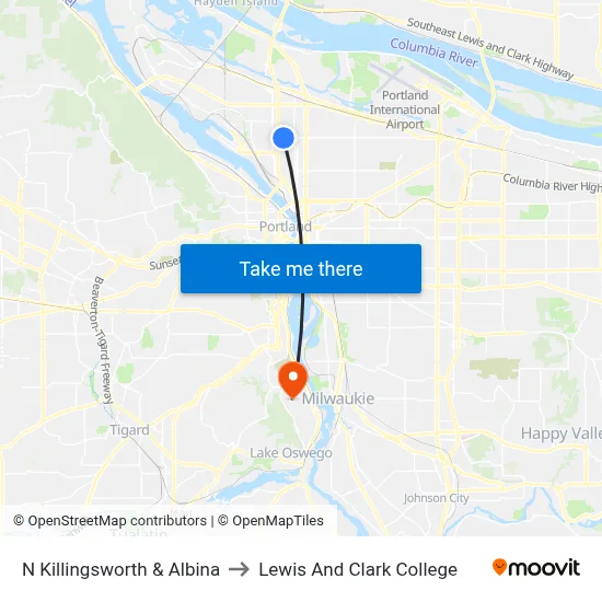 N Killingsworth & Albina to Lewis And Clark College map