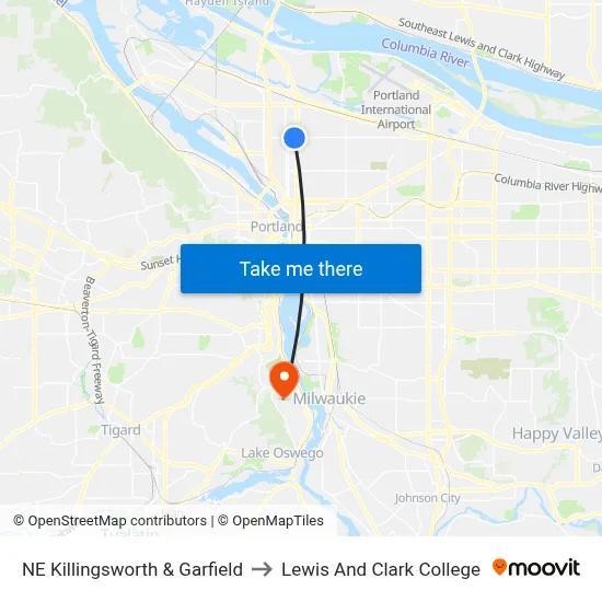 NE Killingsworth & Garfield to Lewis And Clark College map