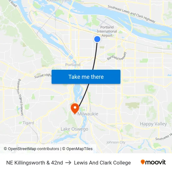 NE Killingsworth & 42nd to Lewis And Clark College map