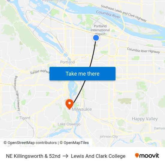 NE Killingsworth & 52nd to Lewis And Clark College map