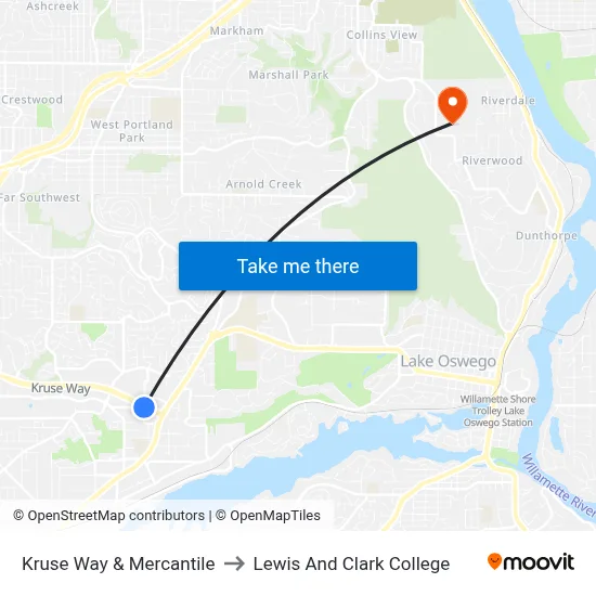 Kruse Way & Mercantile to Lewis And Clark College map