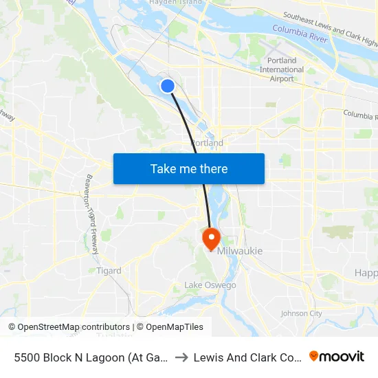 5500 Block N Lagoon (At Gate 18) to Lewis And Clark College map