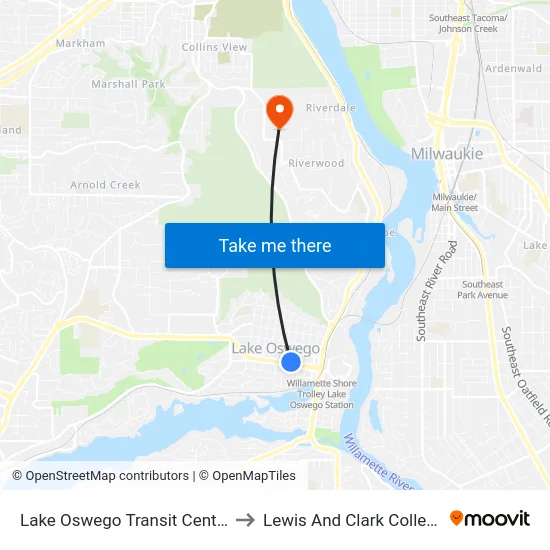 Lake Oswego Transit Center to Lewis And Clark College map