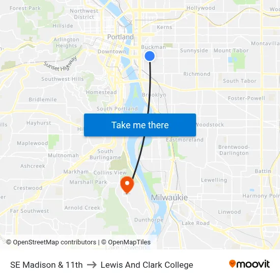 SE Madison & 11th to Lewis And Clark College map