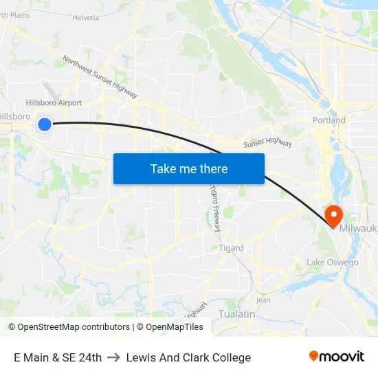 E Main & SE 24th to Lewis And Clark College map
